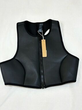 SKIMS Rubberized Scuba Swim High Neck Bikini Top Onyx Black Zip Front Small NWT